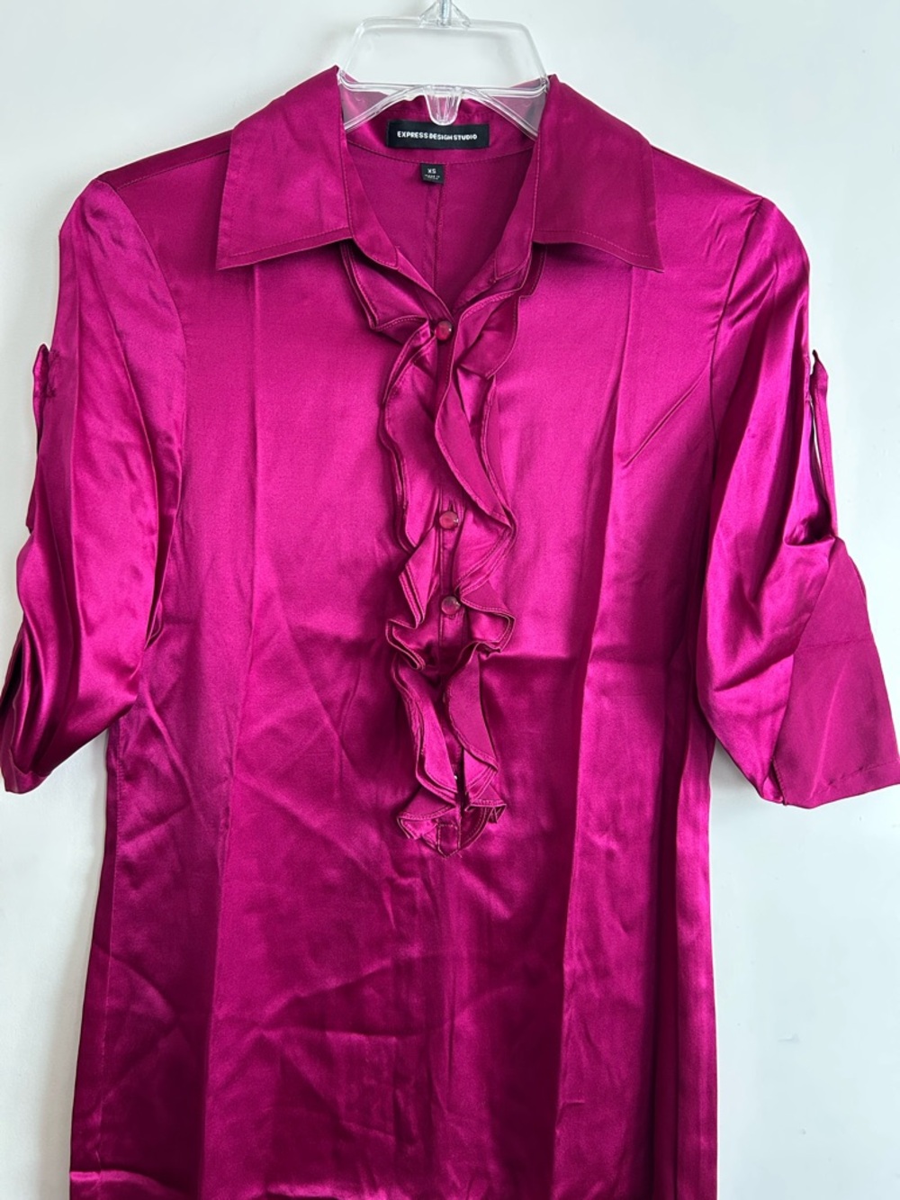 Express Magenta Silk Ruffle-Front Shift Dress - Picture 2 of 7